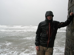 JT00837 Marijn at Tramore Lifeguard House in rain.JPG